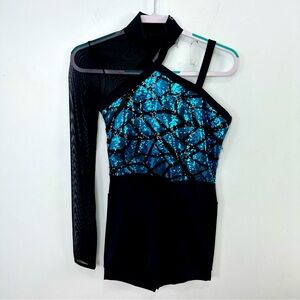 Weissman Small Adult Showtime Electricity Biketard Romper Black & Blue Acro